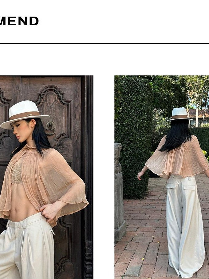 rovente Almond Minimalist Low Waist Pockets Zipper Woven Women's Wide-leg Pants