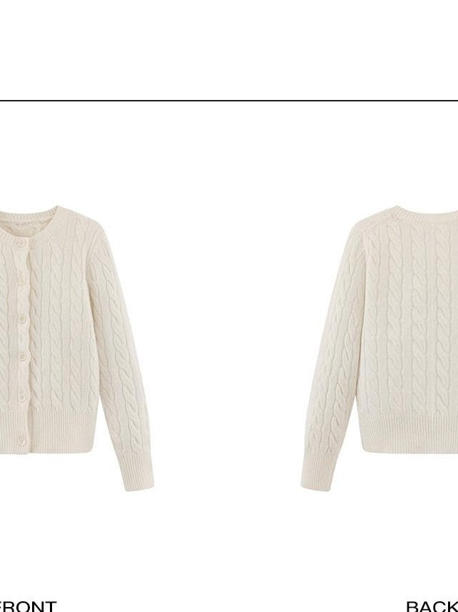 rovente Almond Vintage Cable Knit Slim Fit Round Neck Women's Wool Button-up Cardigans