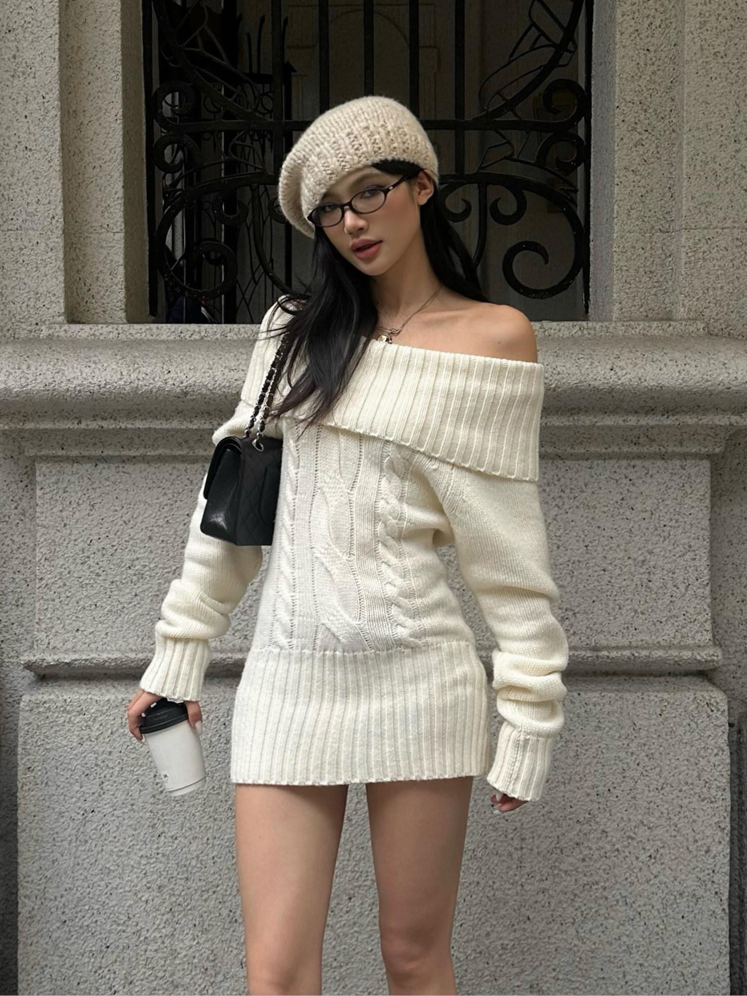 rovente Apricot Cable Knit Women's Nylon Acrylic Blend Off-shoulder Sweaters