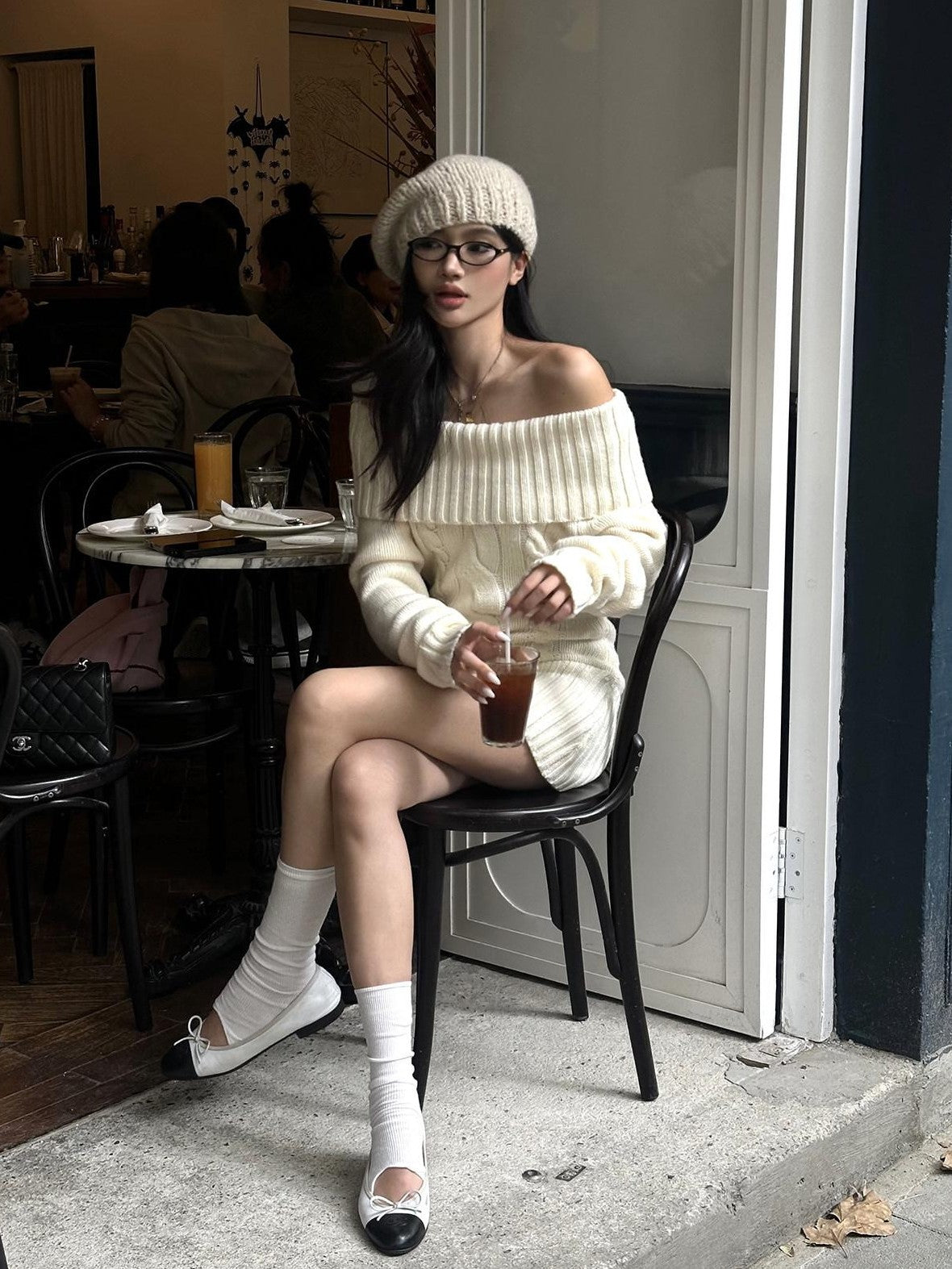 rovente Apricot Cable Knit Women's Nylon Acrylic Blend Off-shoulder Sweaters