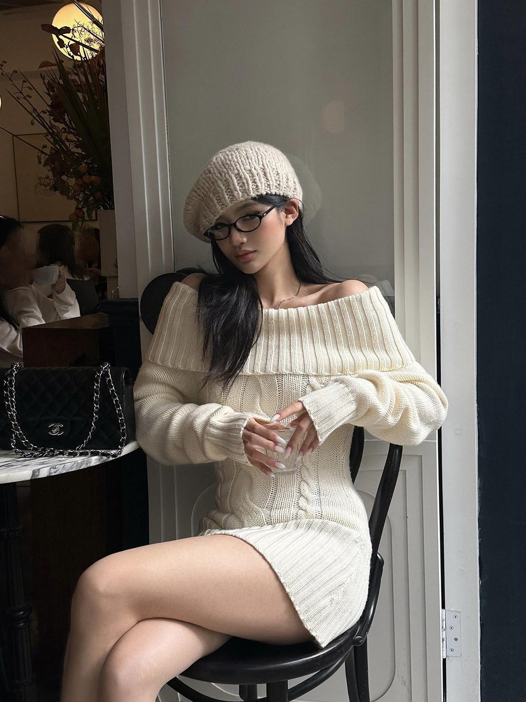 rovente Apricot Cable Knit Women's Nylon Acrylic Blend Off-shoulder Sweaters