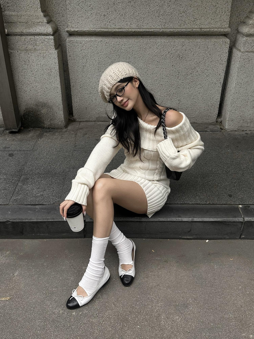 rovente Apricot Cable Knit Women's Nylon Acrylic Blend Off-shoulder Sweaters