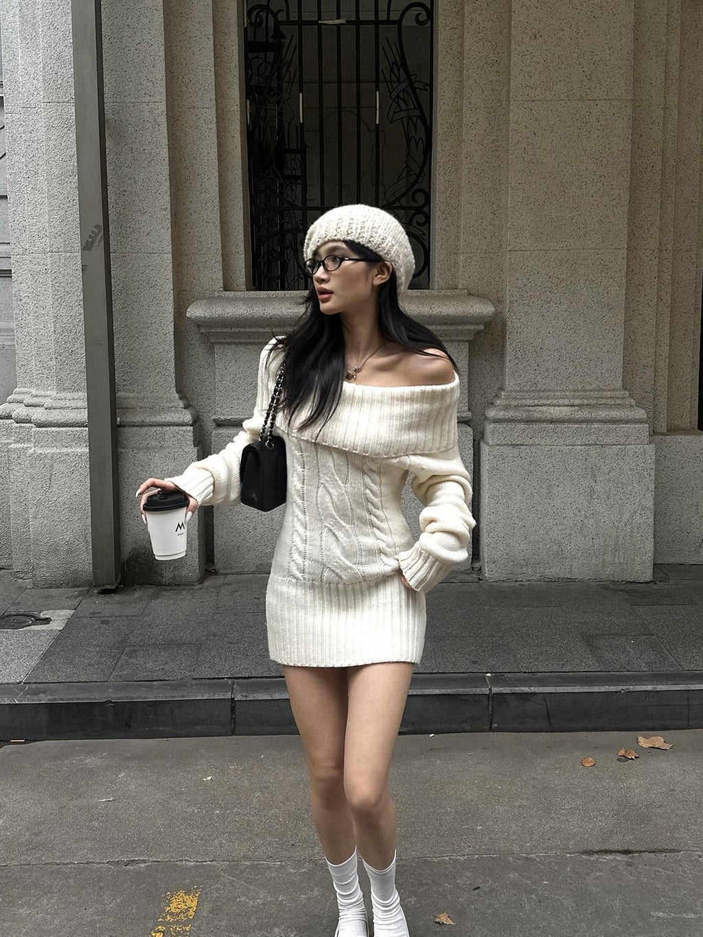 rovente Apricot Cable Knit Women's Nylon Acrylic Blend Off-shoulder Sweaters
