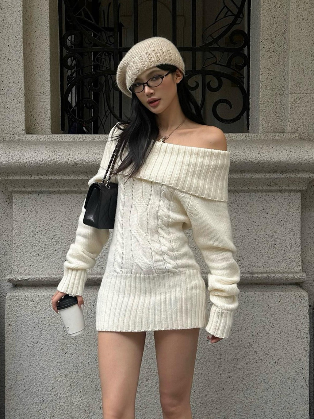 rovente Apricot Cable Knit Women's Nylon Acrylic Blend Off-shoulder Sweaters