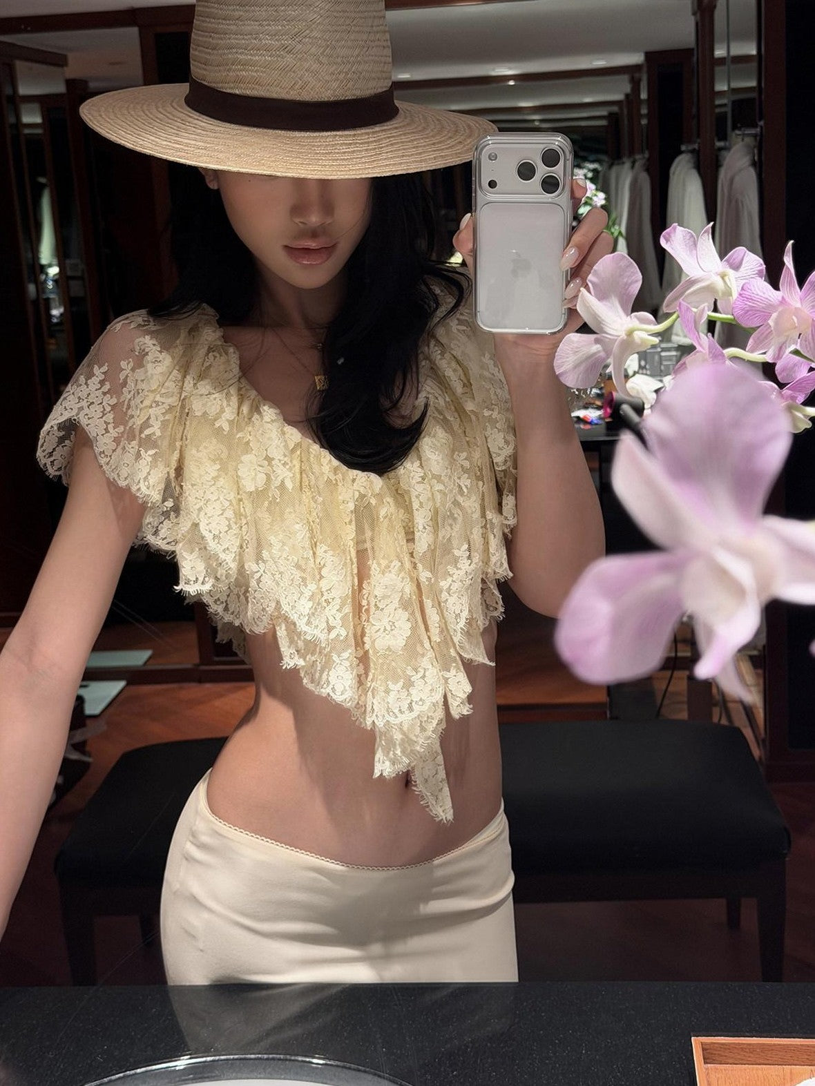rovente Apricot Cropped Lace Bodycon Evening Women's Matching Skirt Sets
