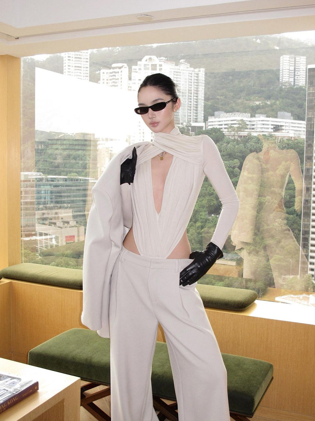 rovente Apricot Deep V Cross Neck Slim Fit Women's Knit Long Sleeve Bodysuits