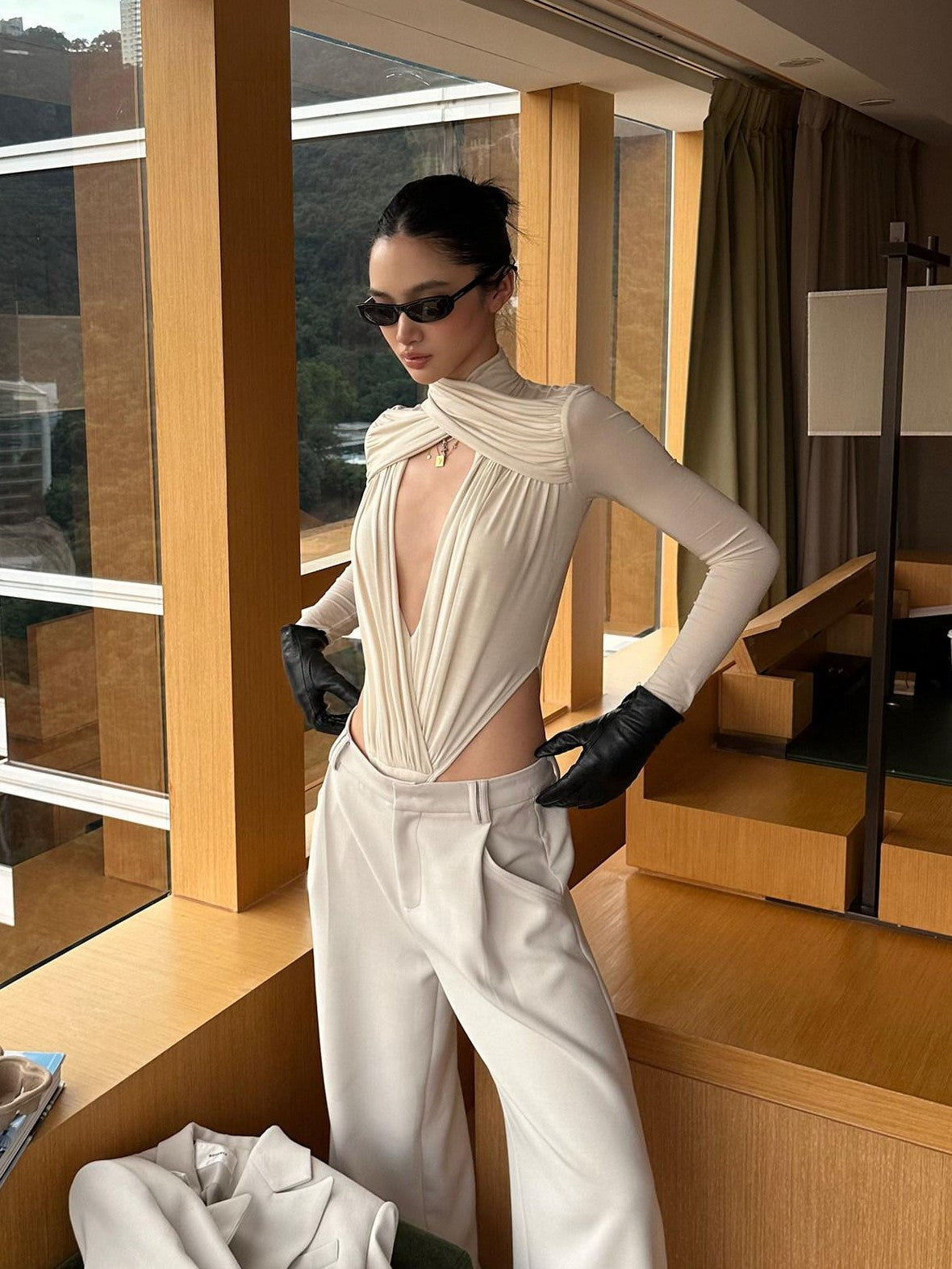 rovente Apricot Deep V Cross Neck Slim Fit Women's Knit Long Sleeve Bodysuits
