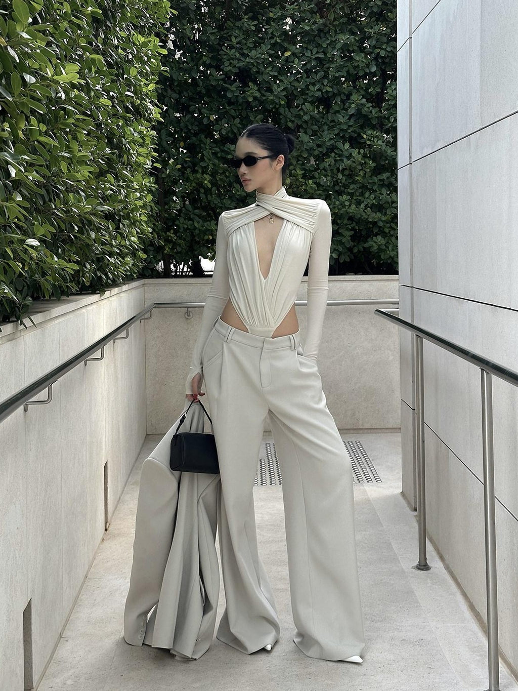 rovente Apricot Deep V Cross Neck Slim Fit Women's Knit Long Sleeve Bodysuits