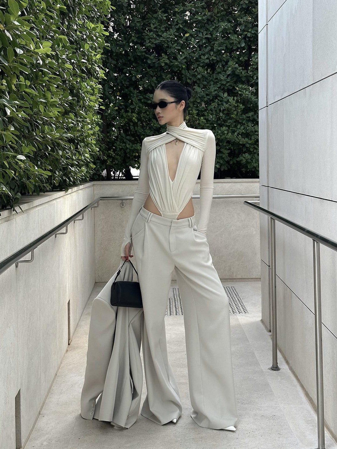 rovente Apricot Deep V Cross Neck Slim Fit Women's Knit Long Sleeve Bodysuits
