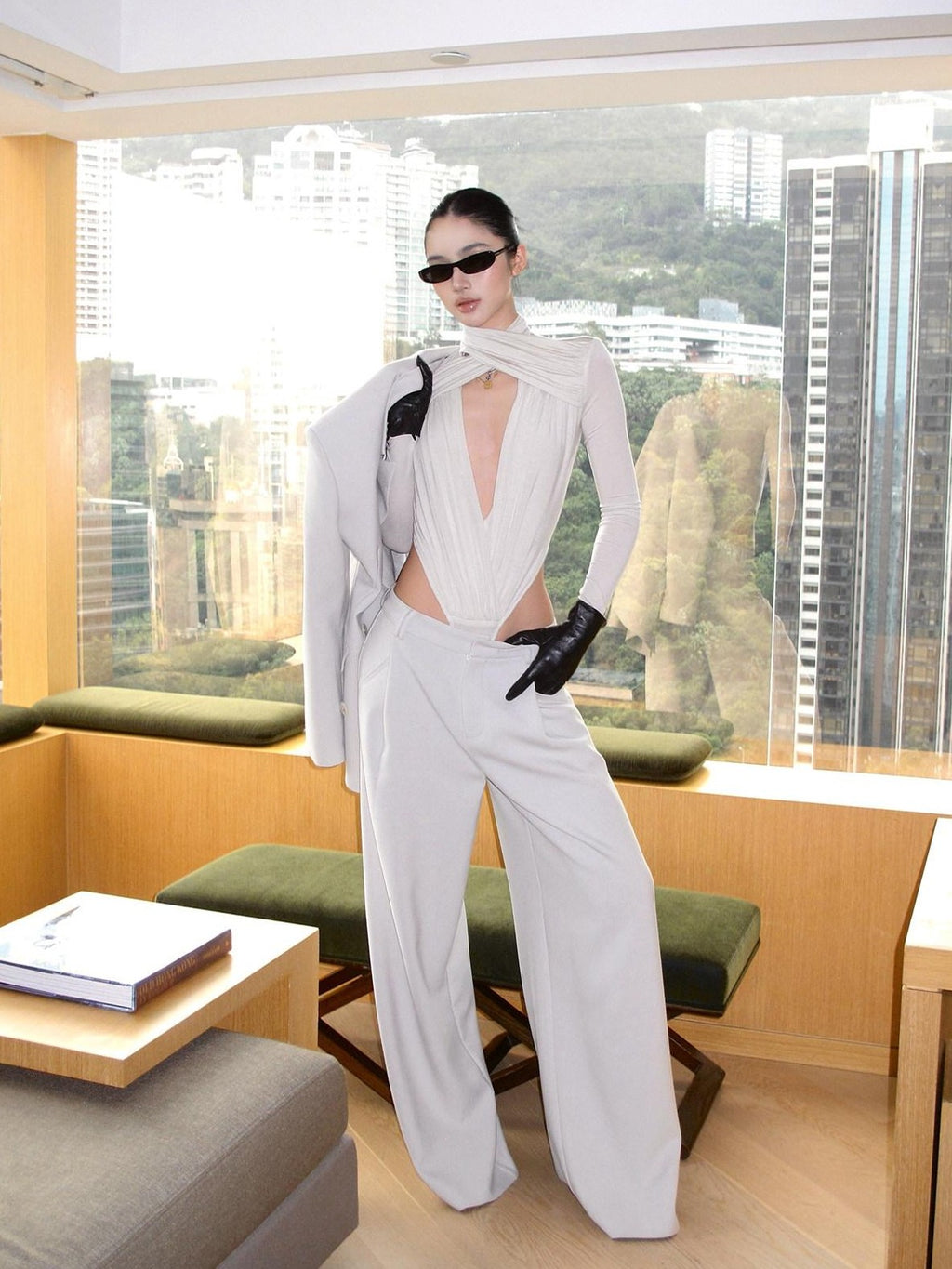 rovente Apricot Deep V Cross Neck Slim Fit Women's Knit Long Sleeve Bodysuits