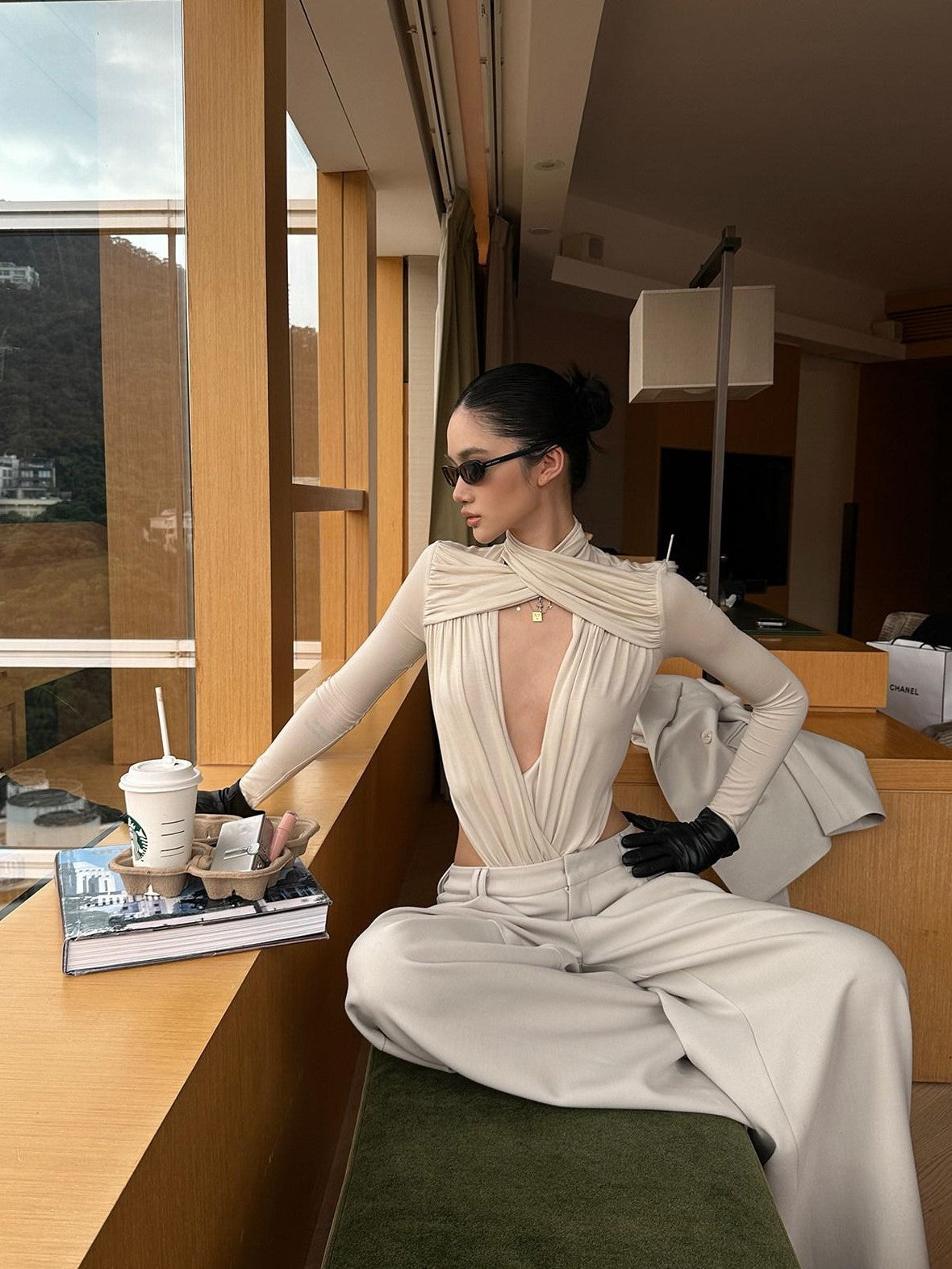 rovente Apricot Deep V Cross Neck Slim Fit Women's Knit Long Sleeve Bodysuits