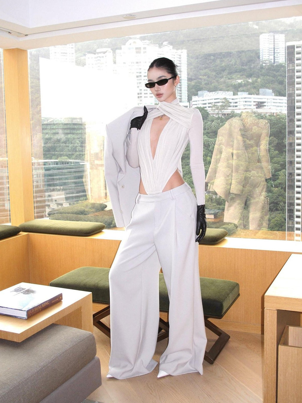 rovente Apricot Deep V Cross Neck Slim Fit Women's Knit Long Sleeve Bodysuits