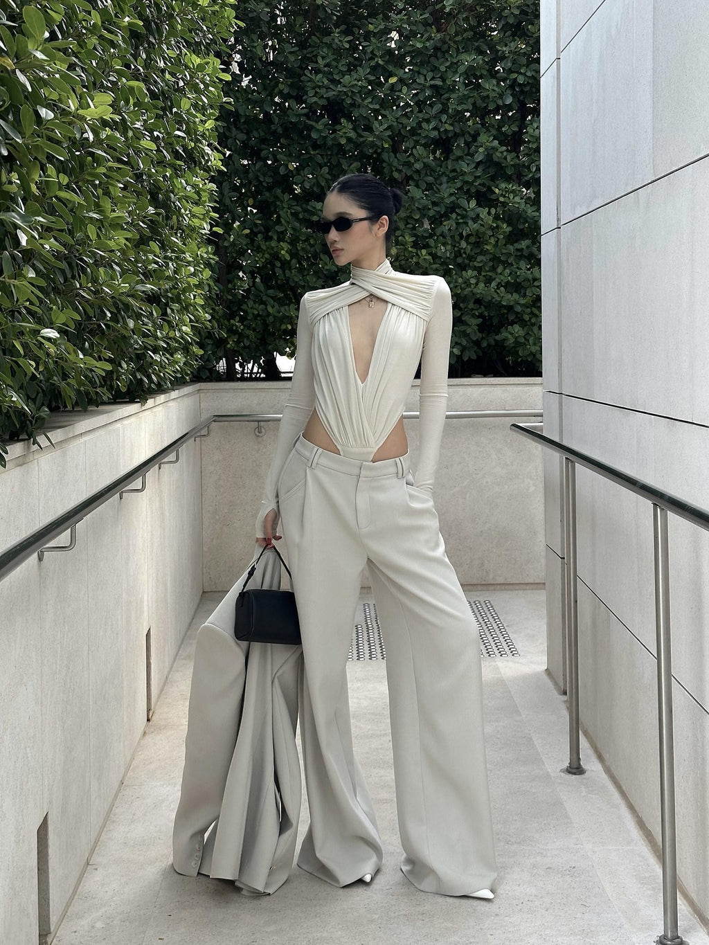 rovente Apricot Deep V Cross Neck Slim Fit Women's Knit Long Sleeve Bodysuits