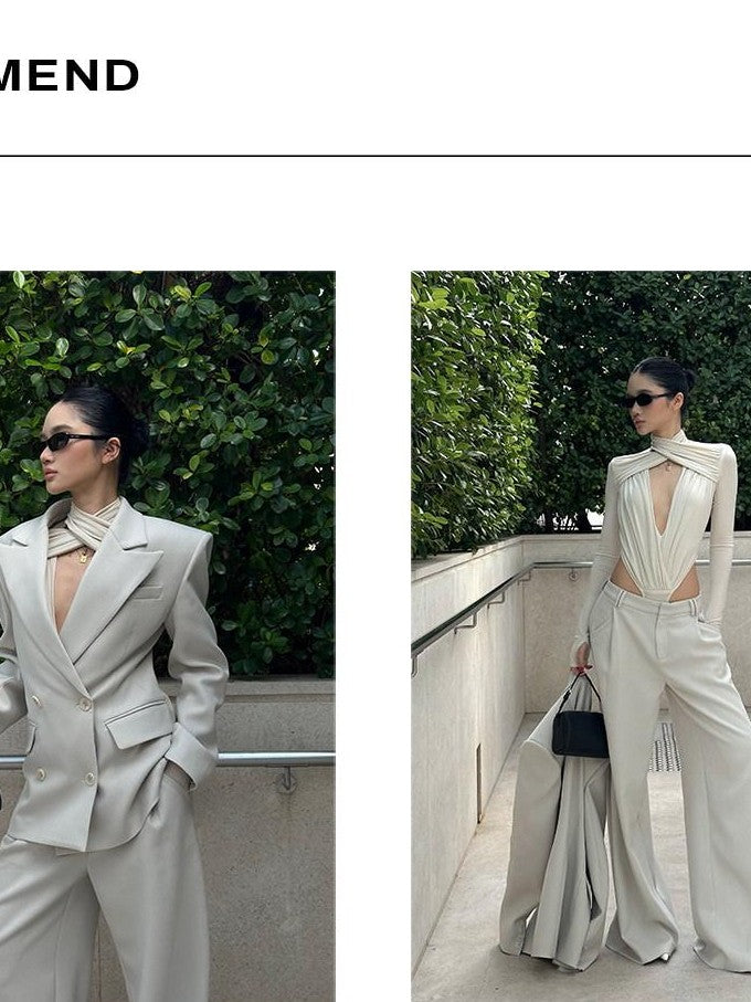 rovente Apricot Deep V Cross Neck Slim Fit Women's Knit Long Sleeve Bodysuits
