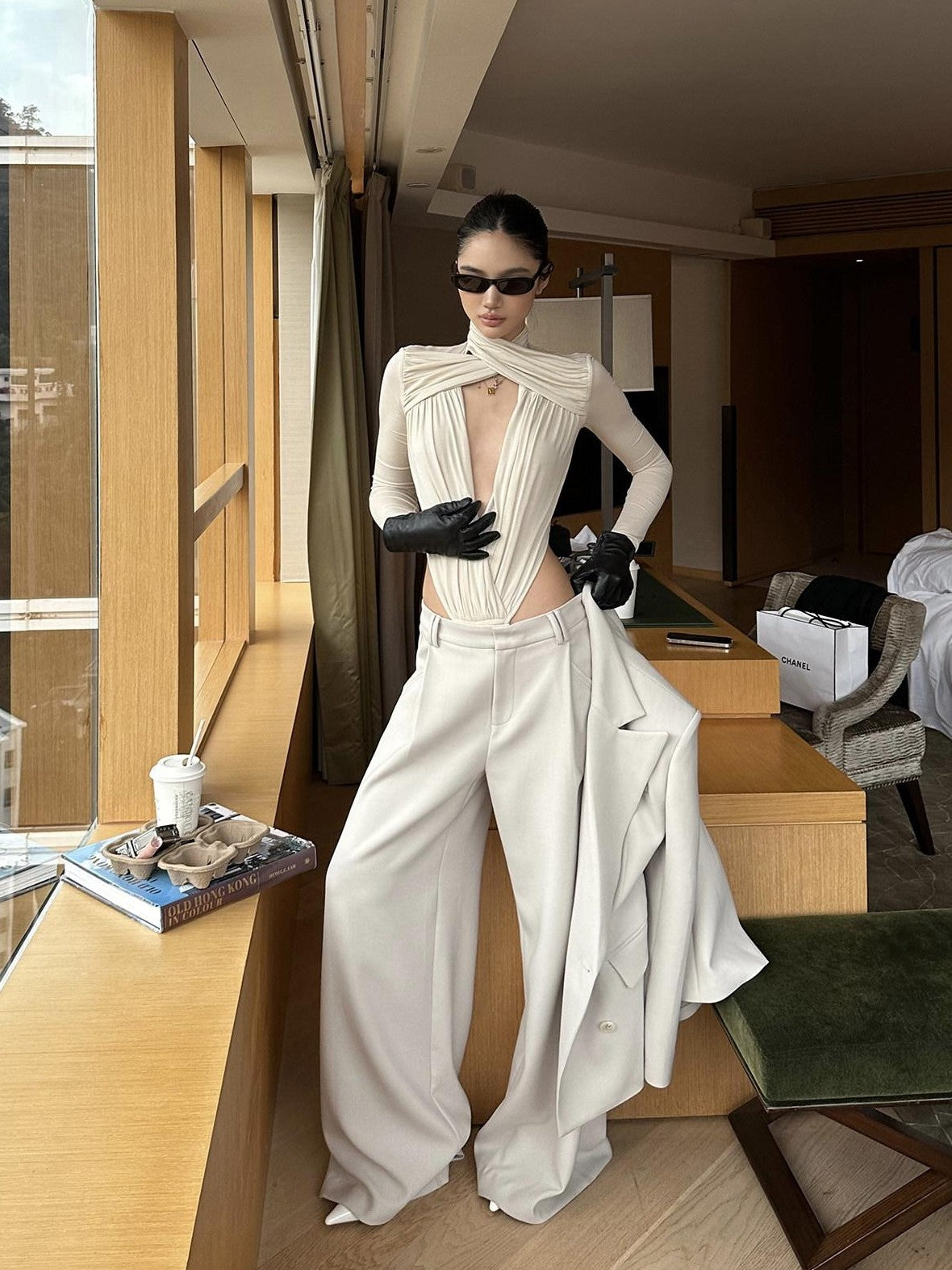 rovente Apricot Deep V Cross Neck Slim Fit Women's Knit Long Sleeve Bodysuits