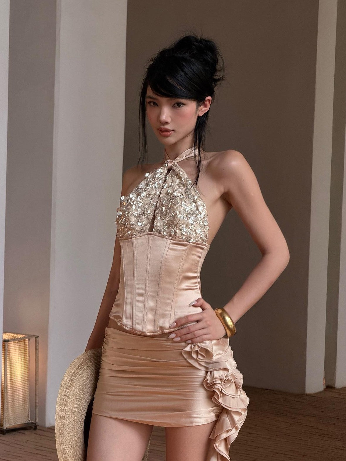 rovente Apricot Exotic Rose Floral Low Waist Hip Hugging Slim Fit Women's Mini Skirts
