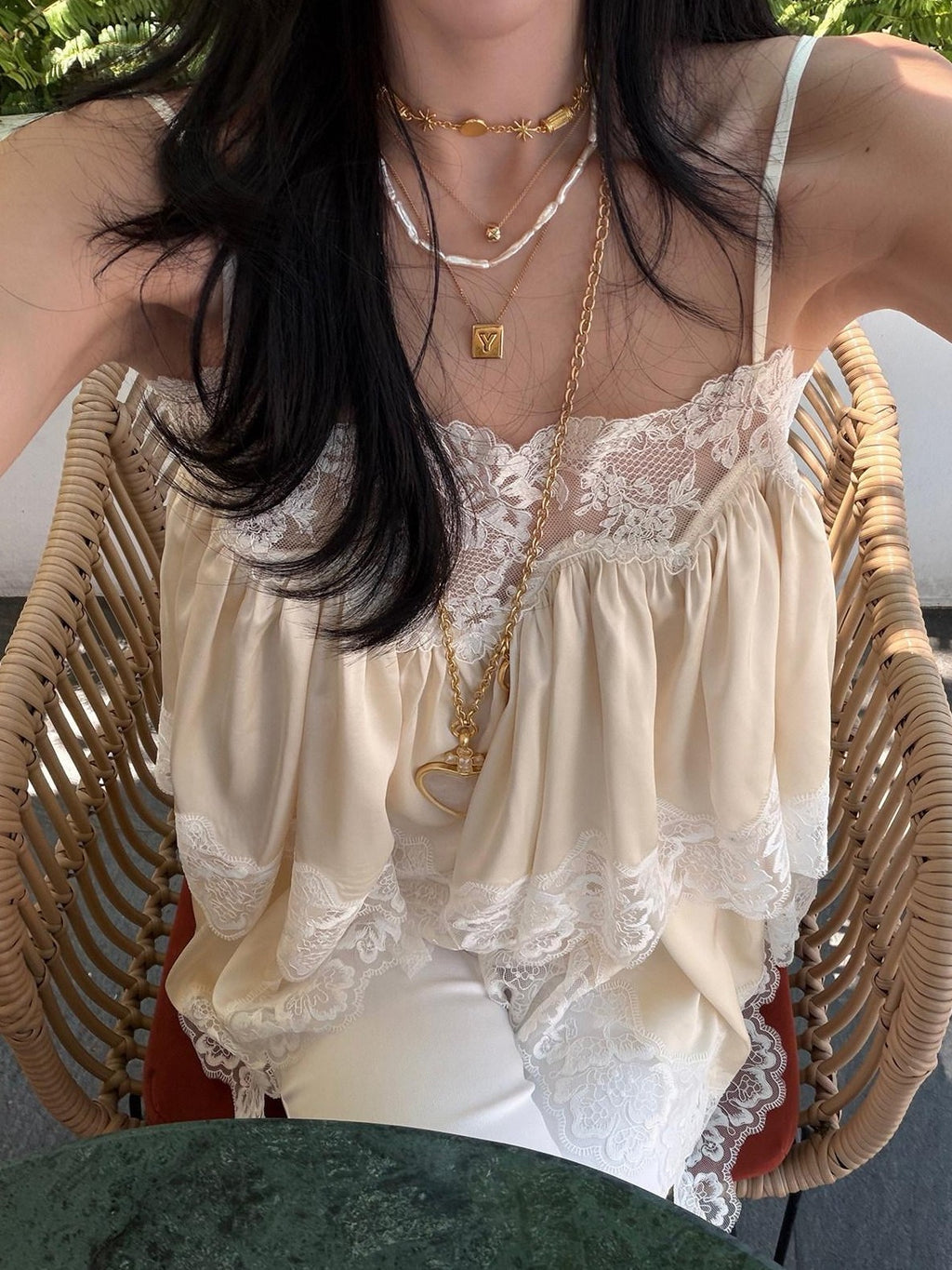 rovente Apricot Fairy Ruched Lace Oversized Loose Fit Women's Camisoles