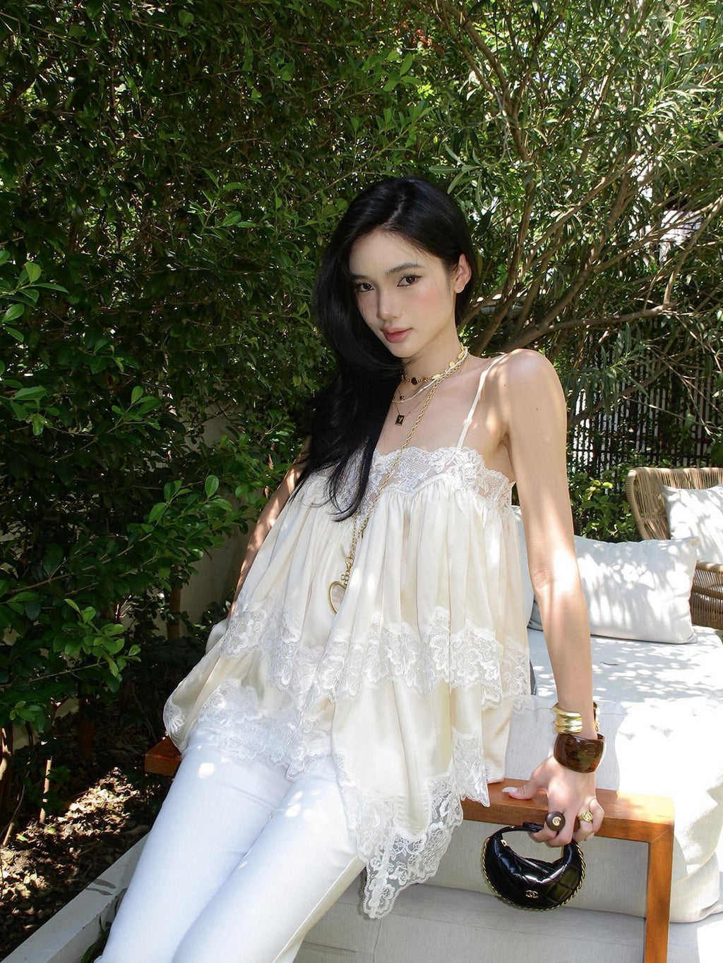 rovente Apricot Fairy Ruched Lace Oversized Loose Fit Women's Camisoles