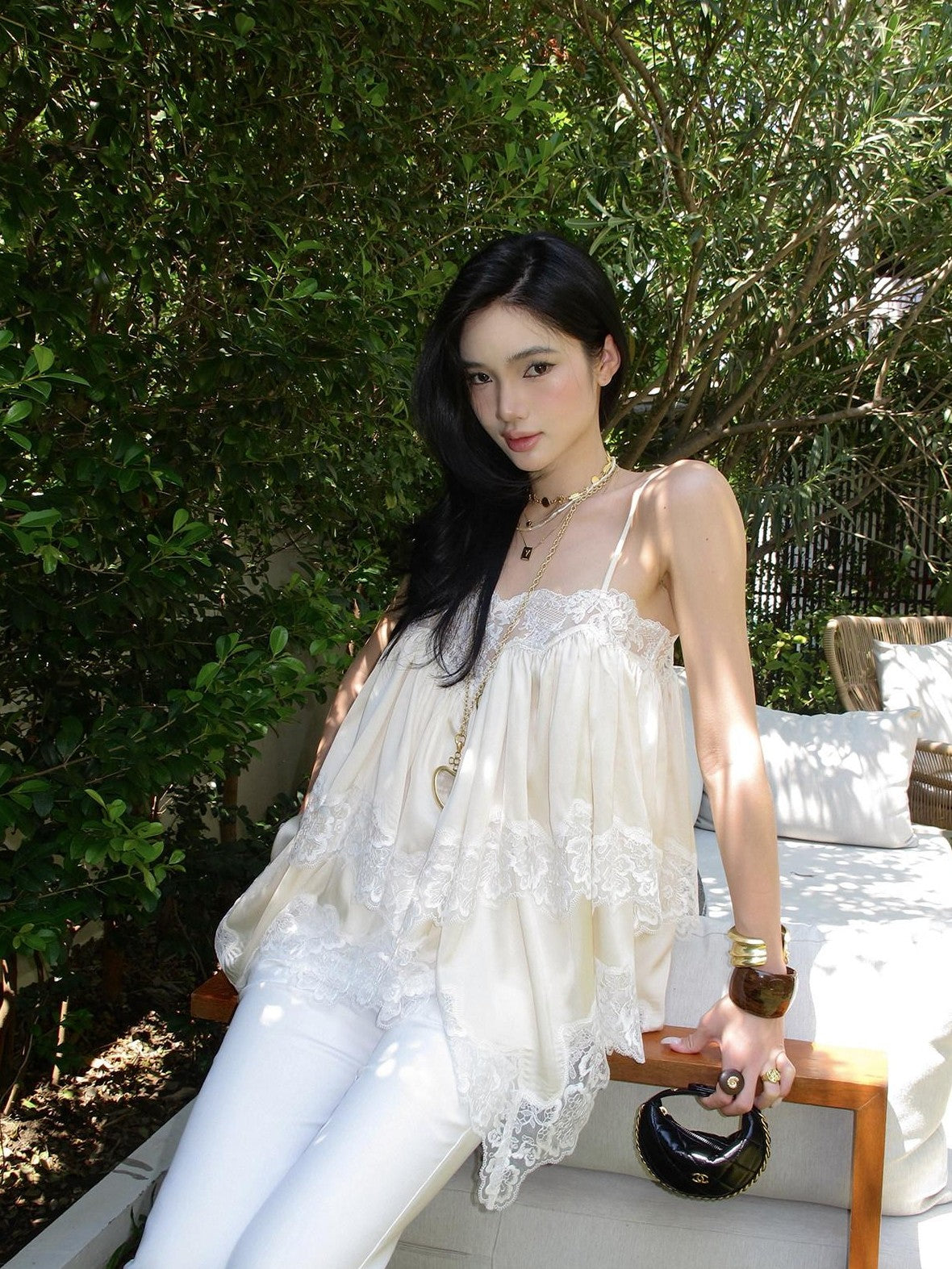 rovente Apricot Fairy Ruched Lace Oversized Loose Fit Women's Camisoles