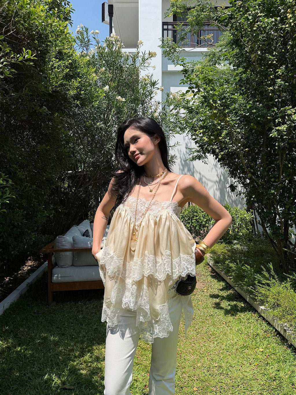 rovente Apricot Fairy Ruched Lace Oversized Loose Fit Women's Camisoles