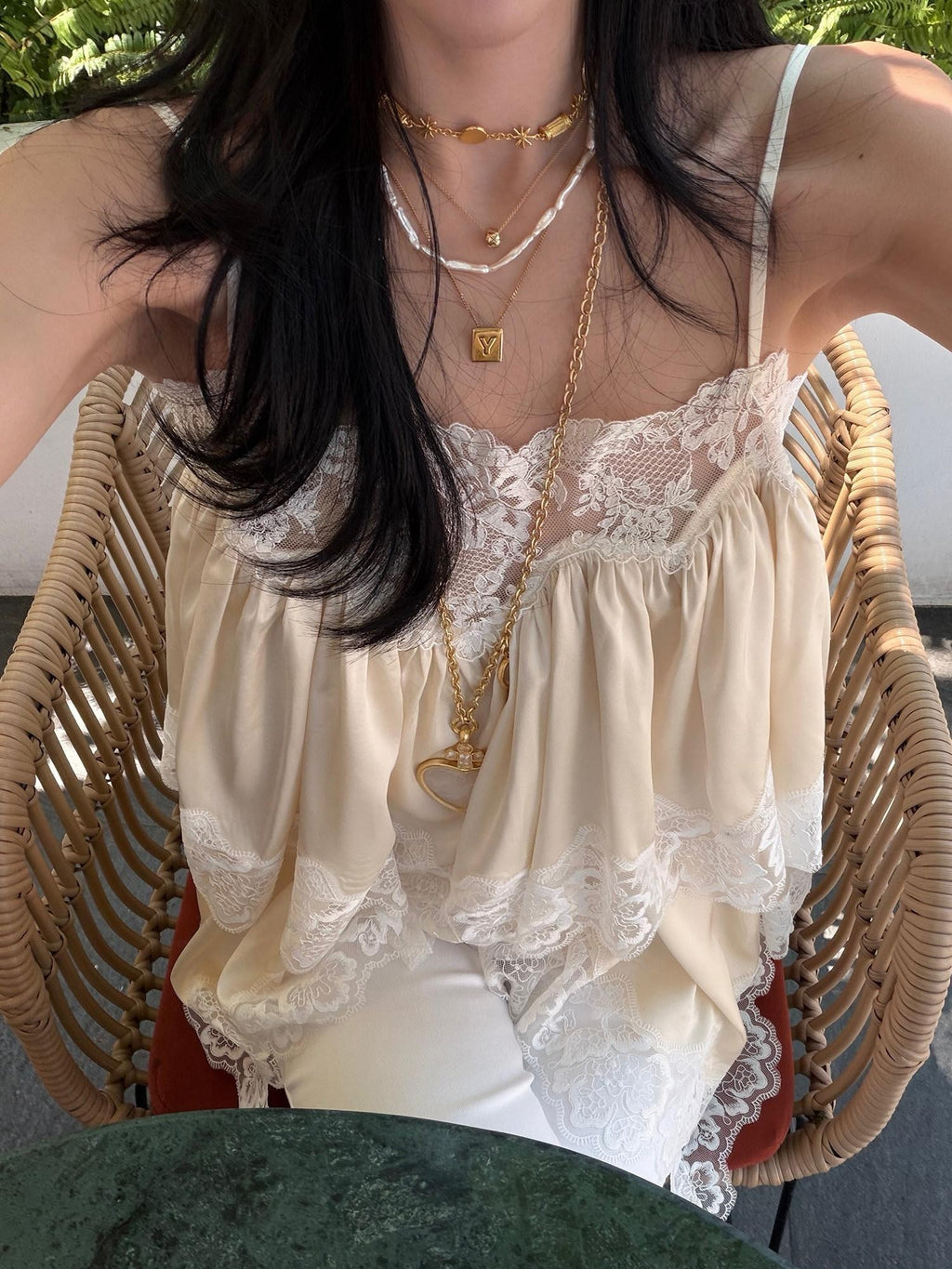 rovente Apricot Fairy Ruched Lace Oversized Loose Fit Women's Camisoles