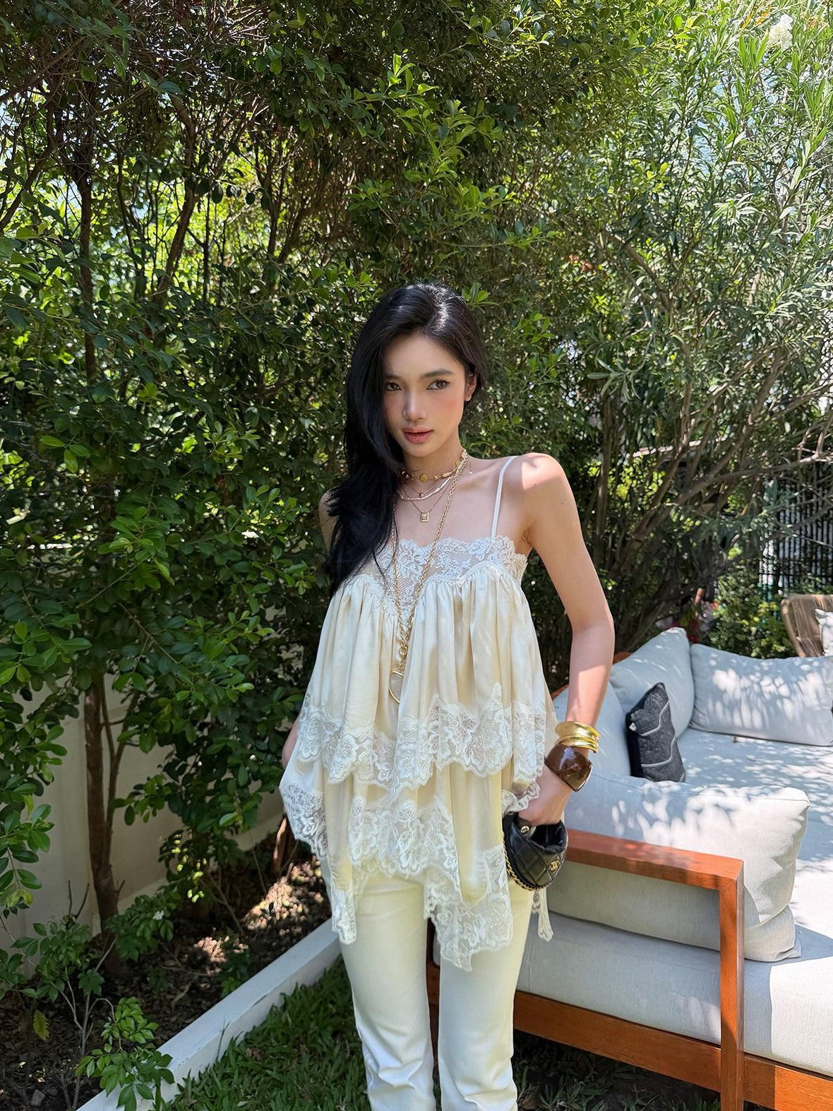 rovente Apricot Fairy Ruched Lace Oversized Loose Fit Women's Camisoles
