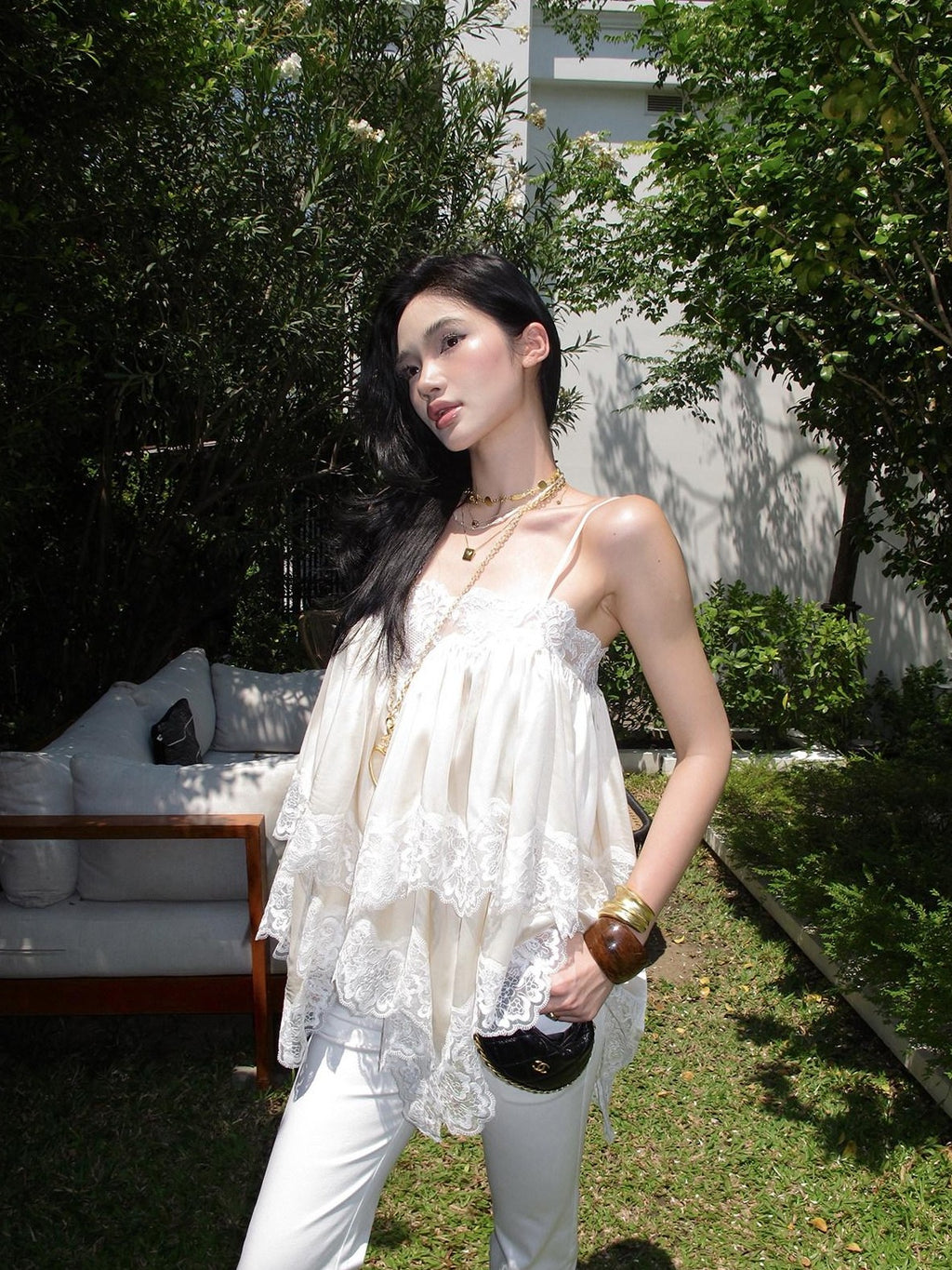 rovente Apricot Fairy Ruched Lace Oversized Loose Fit Women's Camisoles