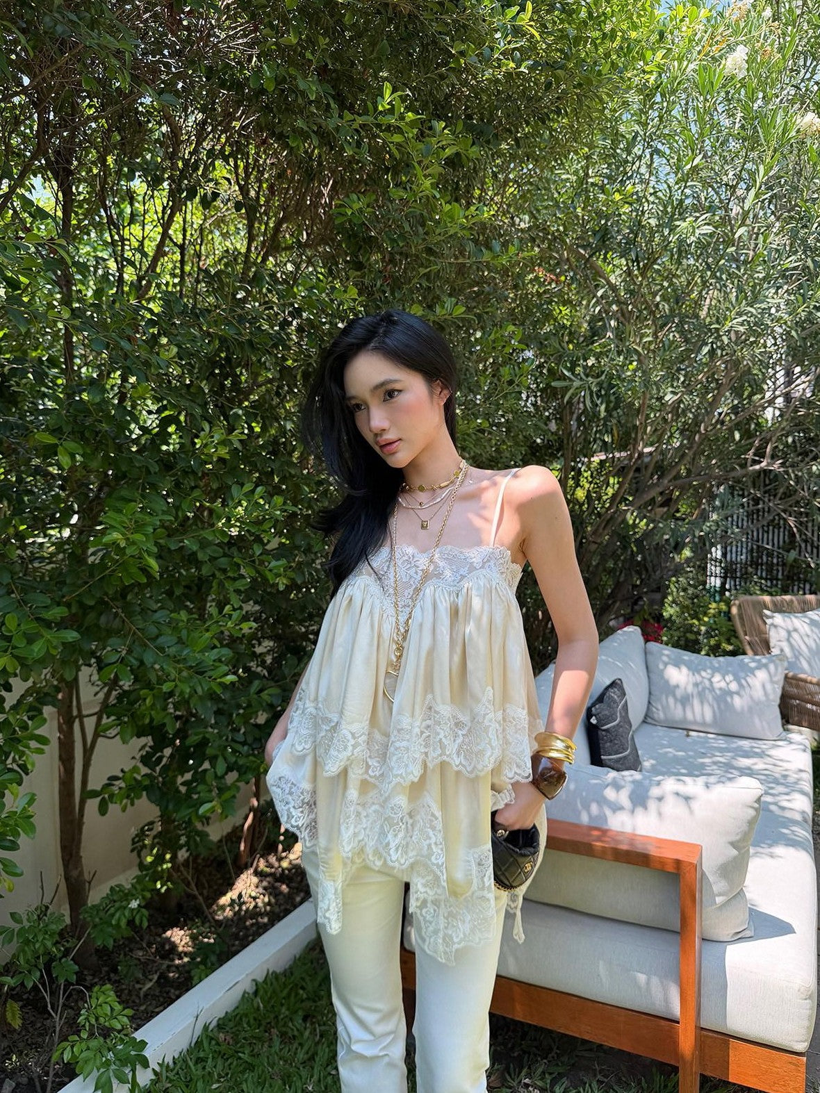 rovente Apricot Fairy Ruched Lace Oversized Loose Fit Women's Camisoles