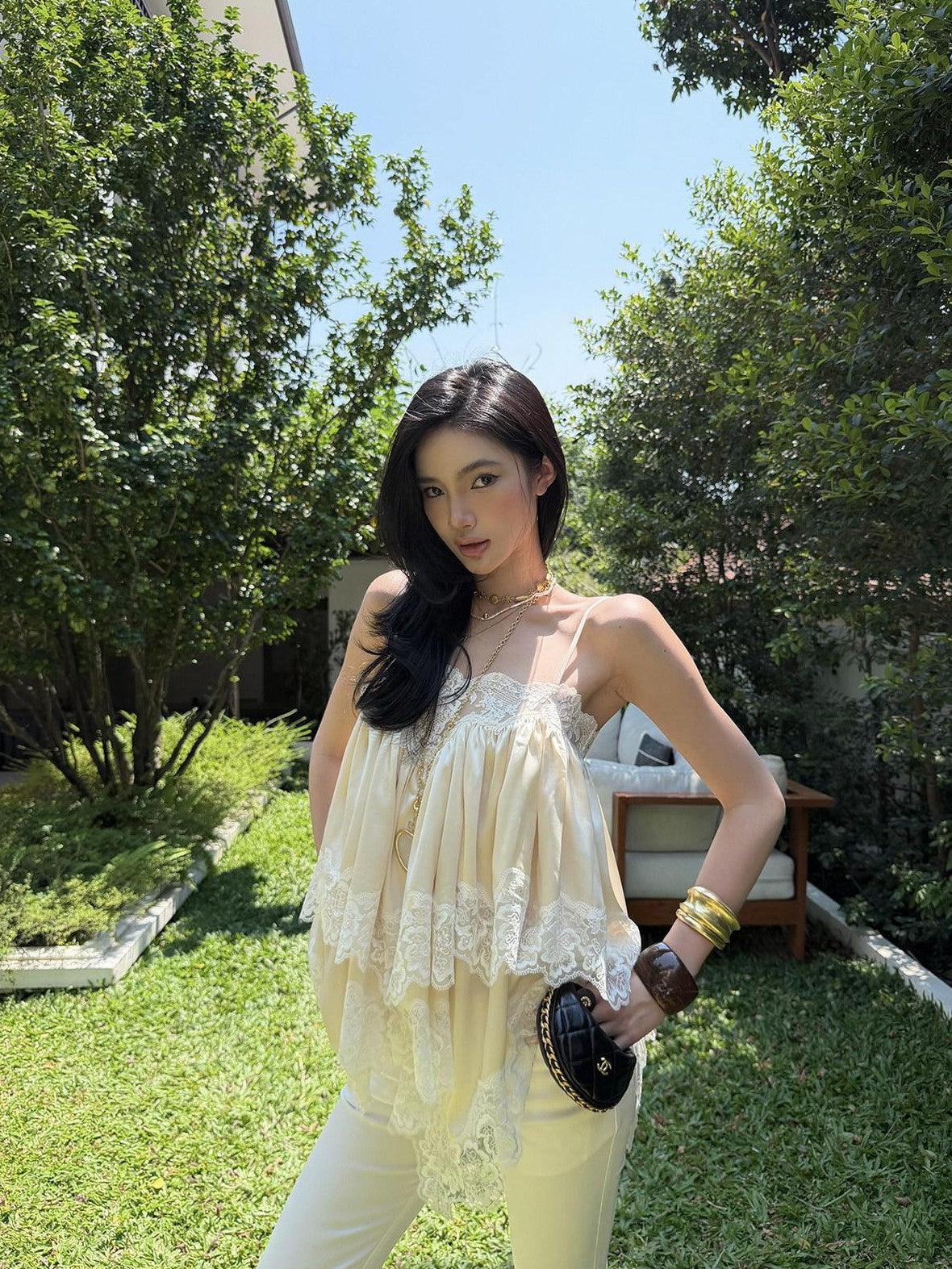 rovente Apricot Fairy Ruched Lace Oversized Loose Fit Women's Camisoles