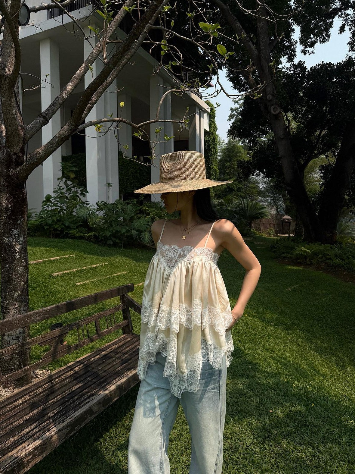 rovente Apricot Fairy Ruched Lace Oversized Loose Fit Women's Camisoles