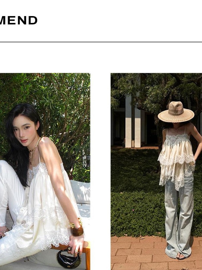 rovente Apricot Fairy Ruched Lace Oversized Loose Fit Women's Camisoles
