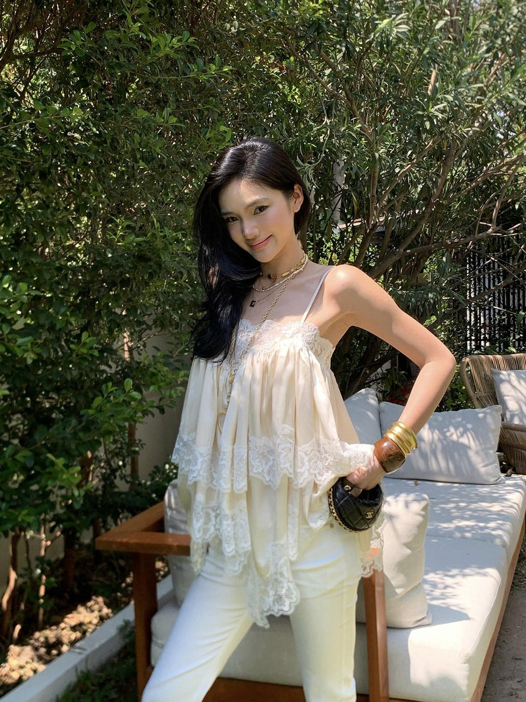 rovente Apricot Fairy Ruched Lace Oversized Loose Fit Women's Camisoles