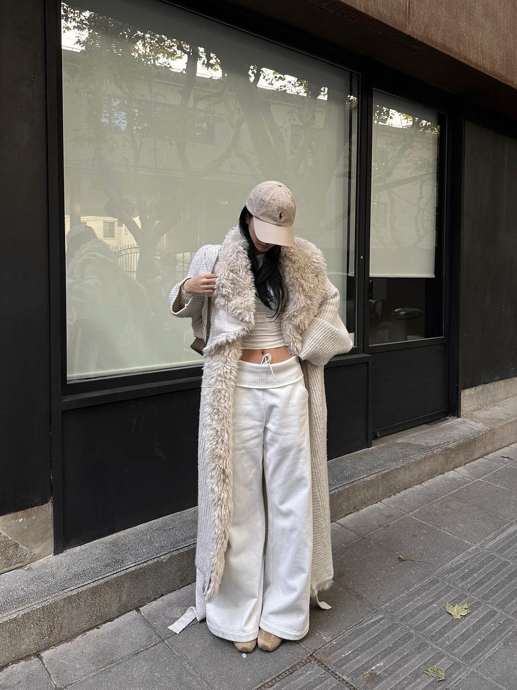rovente Apricot Fur Collar Knit Tie Women's Polyester Viscose Wool Long Coats