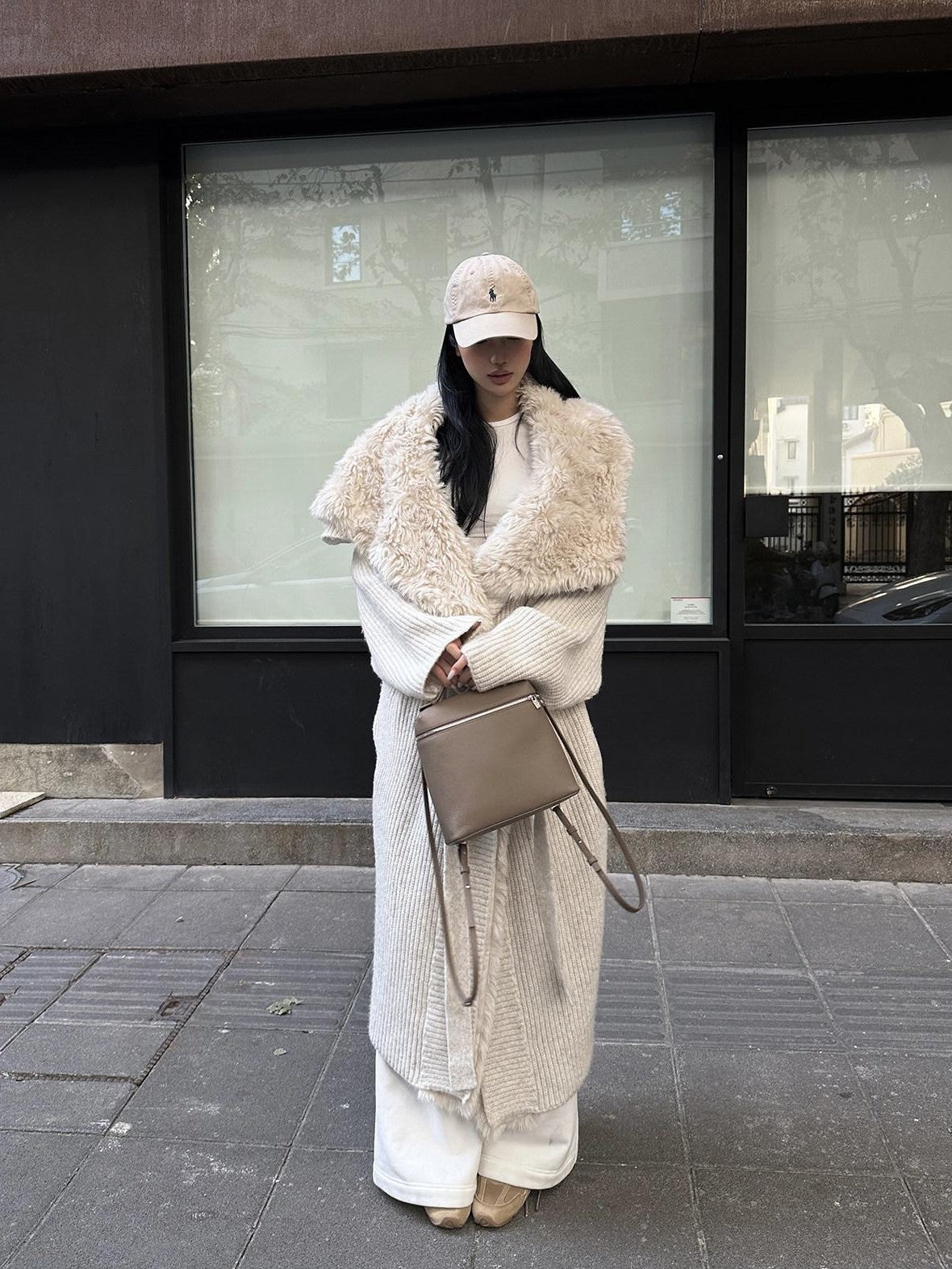 rovente Apricot Fur Collar Knit Tie Women's Polyester Viscose Wool Long Coats