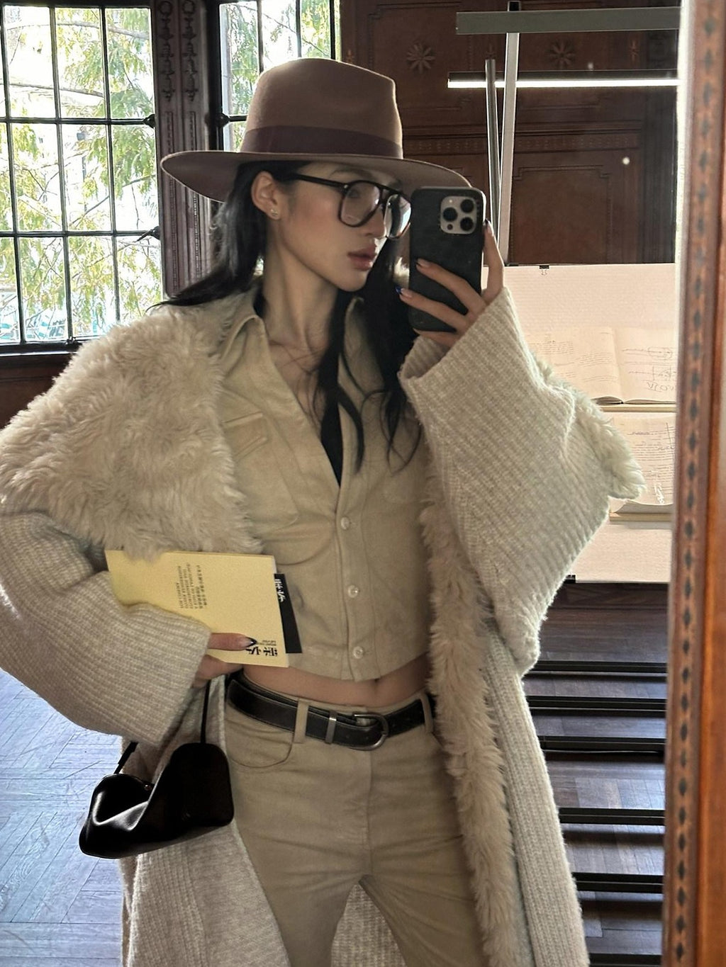 rovente Apricot Fur Collar Knit Tie Women's Polyester Viscose Wool Long Coats