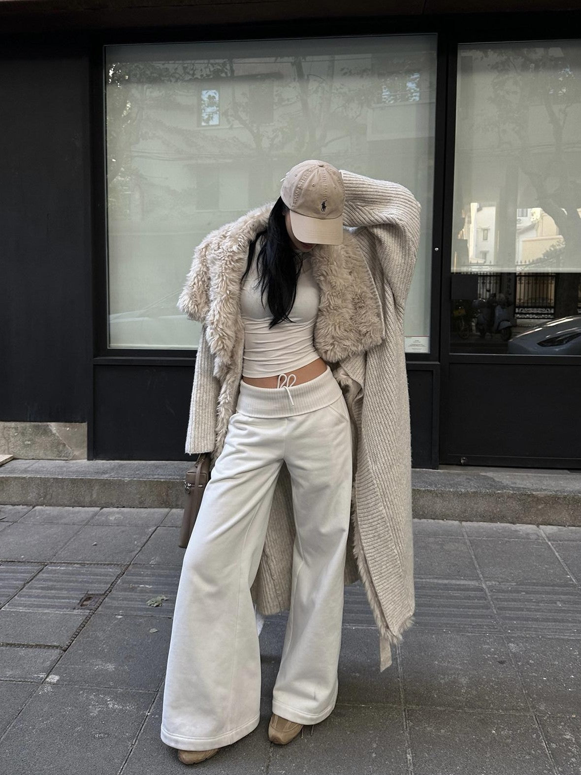 rovente Apricot Fur Collar Knit Tie Women's Polyester Viscose Wool Long Coats