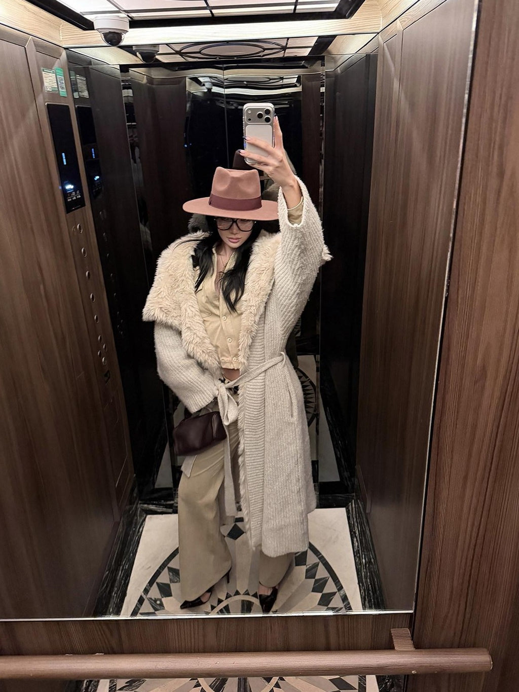rovente Apricot Fur Collar Knit Tie Women's Polyester Viscose Wool Long Coats