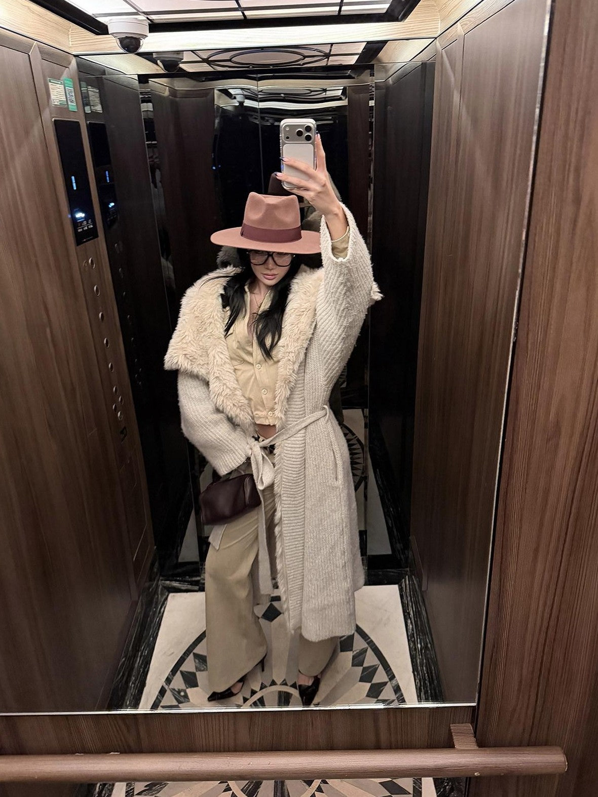 rovente Apricot Fur Collar Knit Tie Women's Polyester Viscose Wool Long Coats