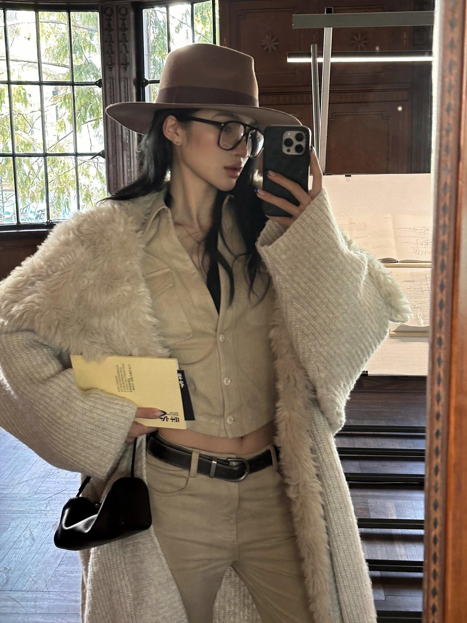 rovente Apricot Fur Collar Knit Tie Women's Polyester Viscose Wool Long Coats