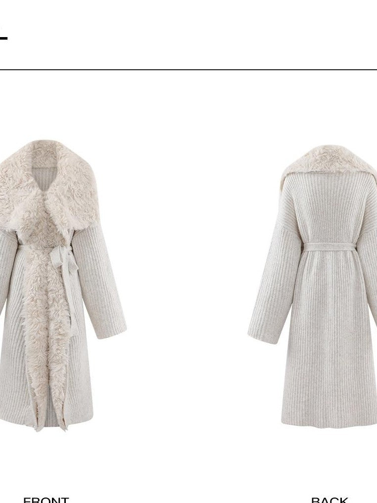 rovente Apricot Fur Collar Knit Tie Women's Polyester Viscose Wool Long Coats