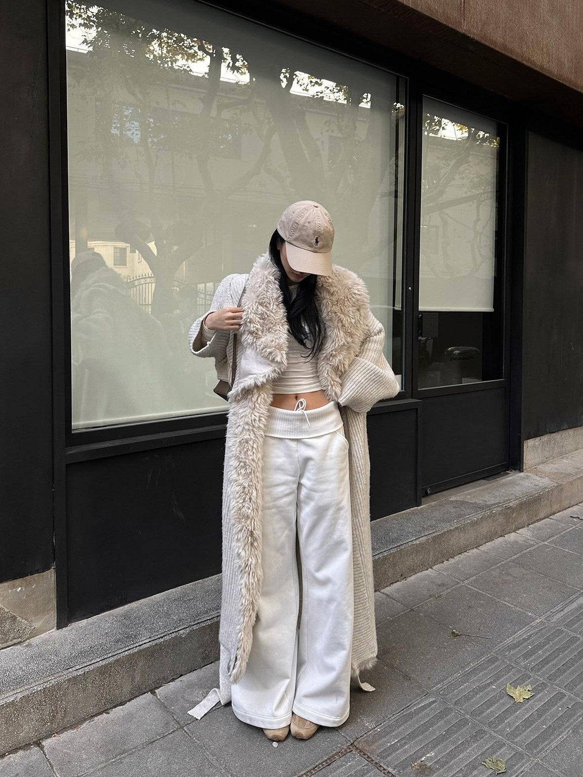 rovente Apricot Fur Collar Knit Tie Women's Polyester Viscose Wool Long Coats