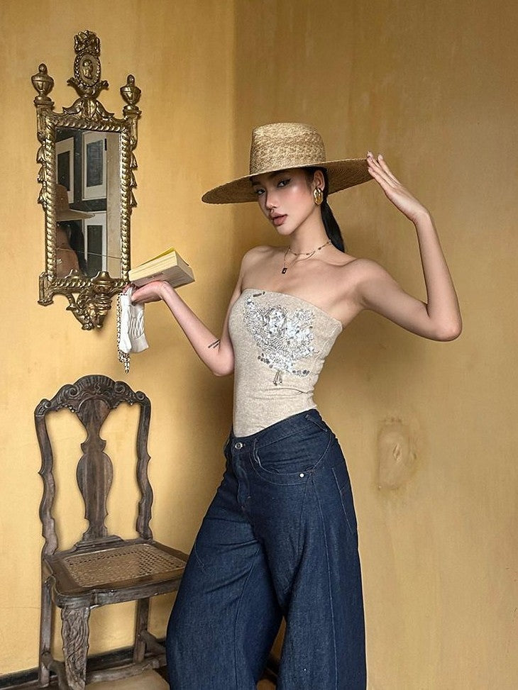 rovente Apricot Hand Sewn Sequin Cropped Fitted Knit Women's Viscose Blend Tube Tops