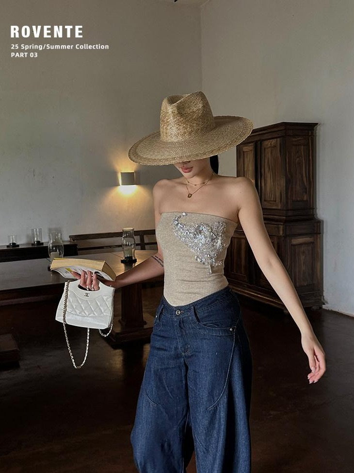 rovente Apricot Hand Sewn Sequin Cropped Fitted Knit Women's Viscose Blend Tube Tops