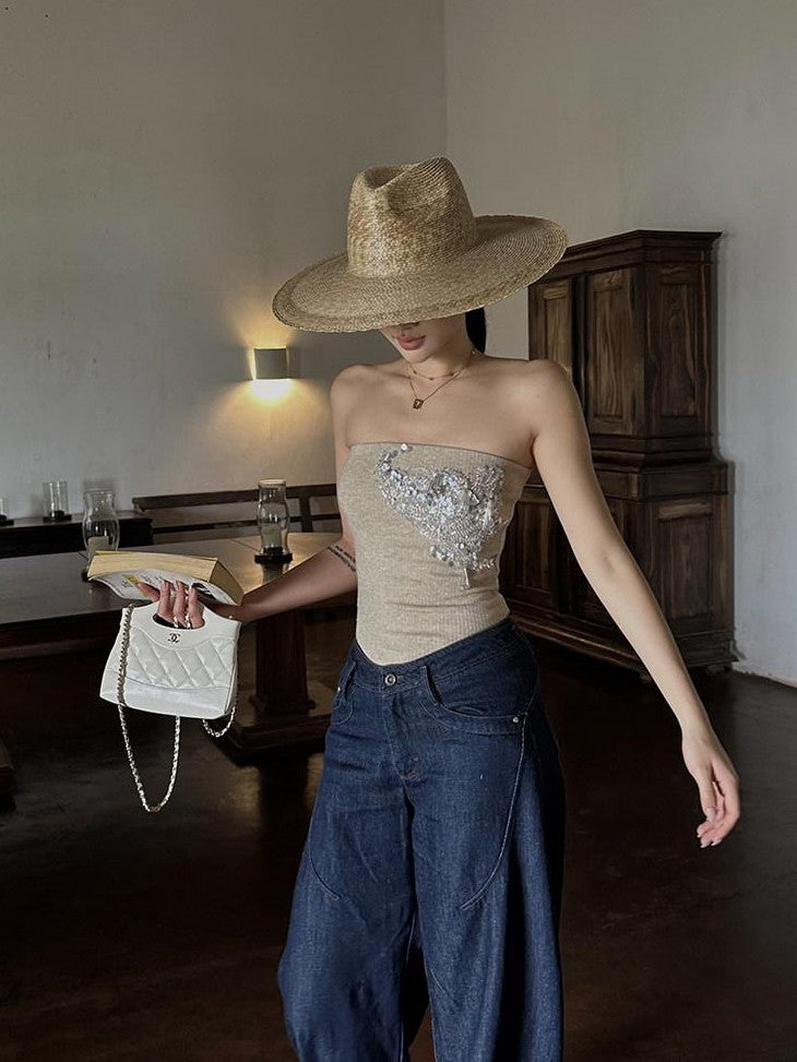 rovente Apricot Hand Sewn Sequin Cropped Fitted Knit Women's Viscose Blend Tube Tops