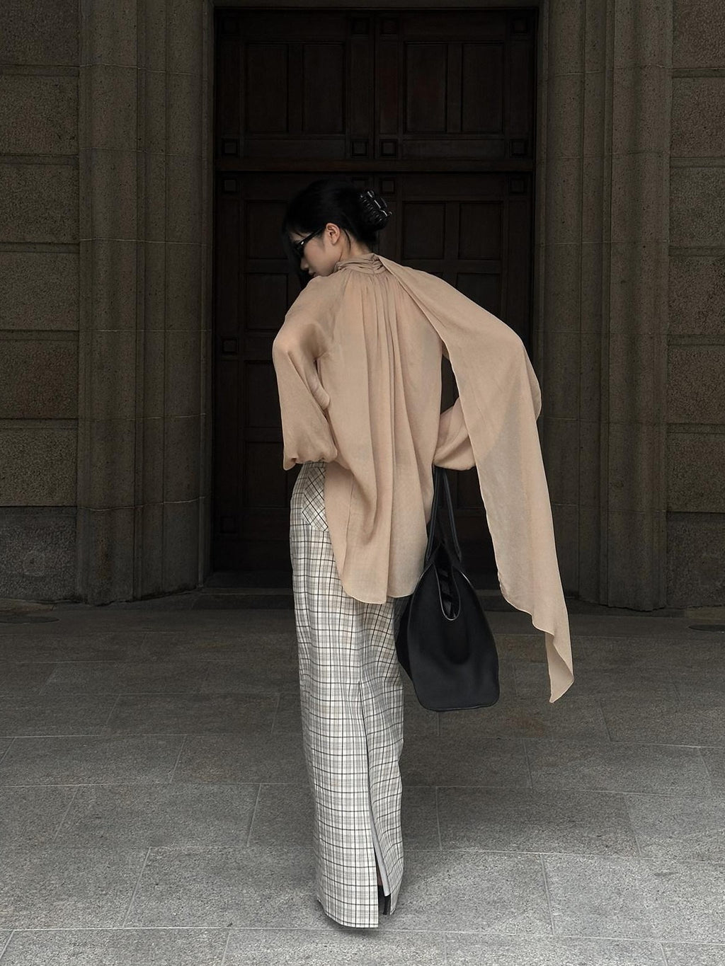 rovente Apricot Plaid Straight Mid Waist Back Slit Zipper Cotton Women's Maxi Skirts