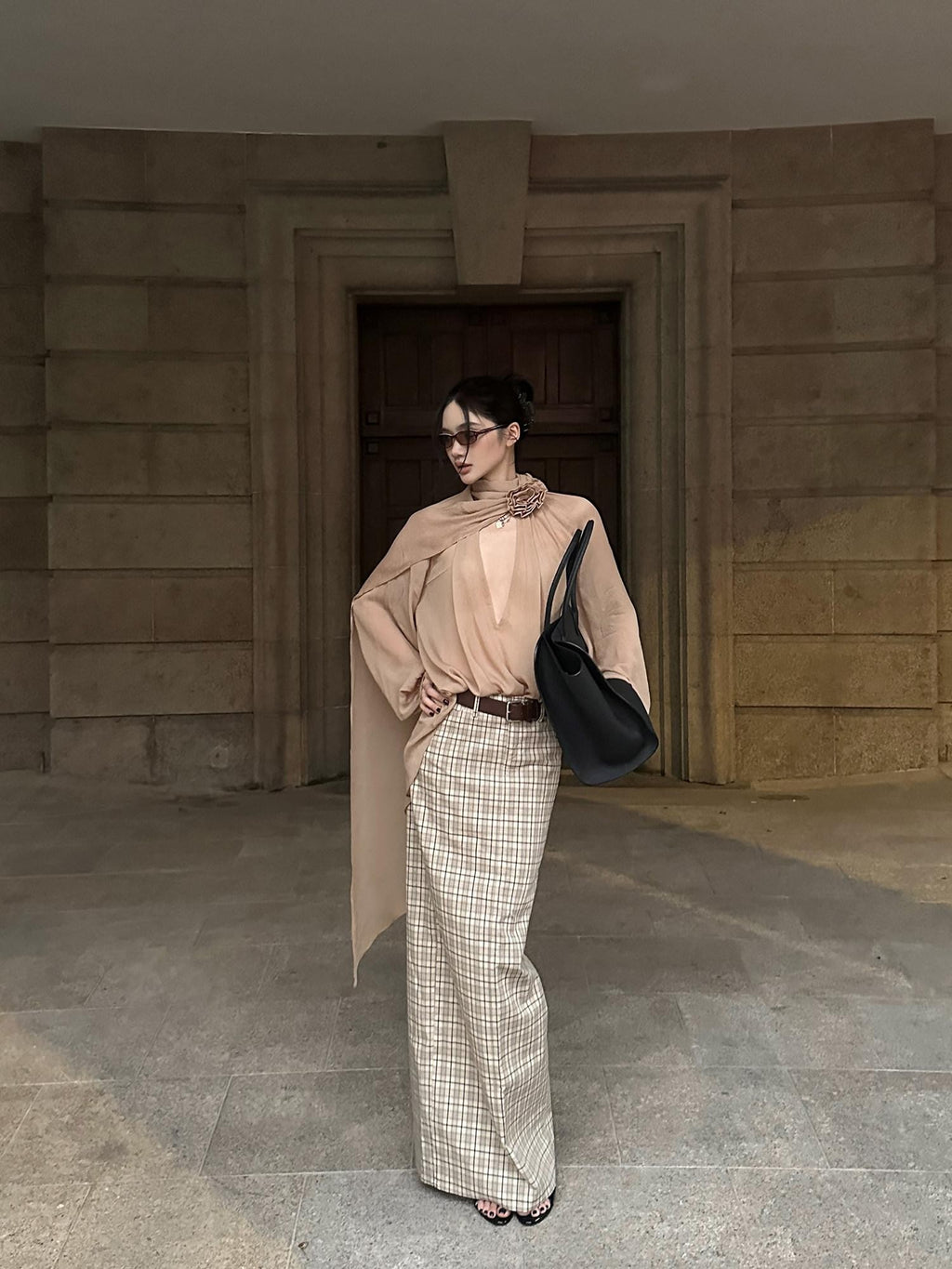 rovente Apricot Plaid Straight Mid Waist Back Slit Zipper Cotton Women's Maxi Skirts