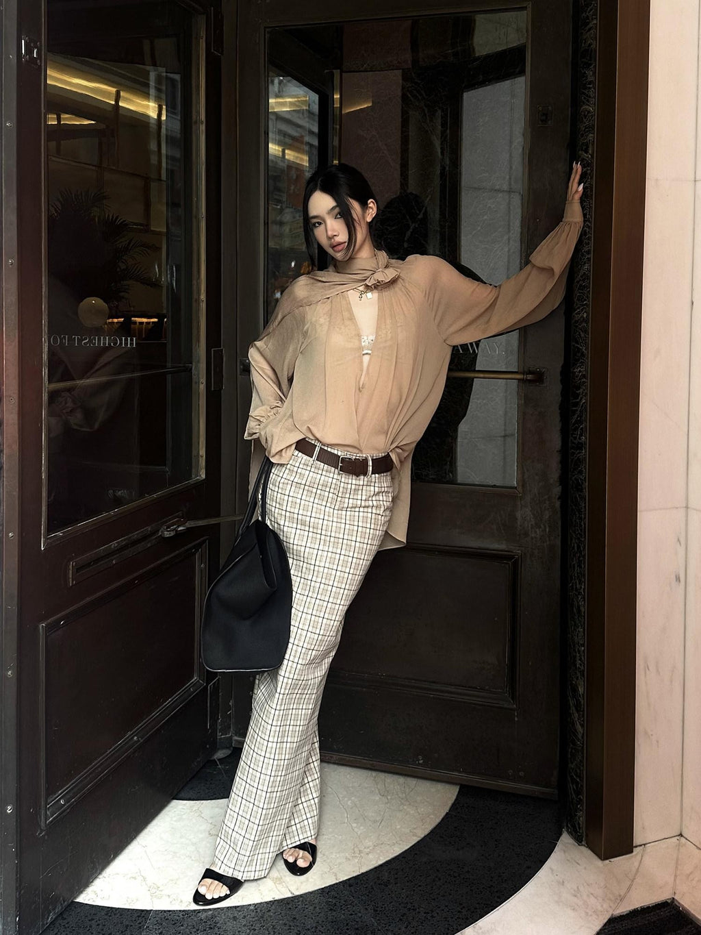 rovente Apricot Plaid Straight Mid Waist Back Slit Zipper Cotton Women's Maxi Skirts