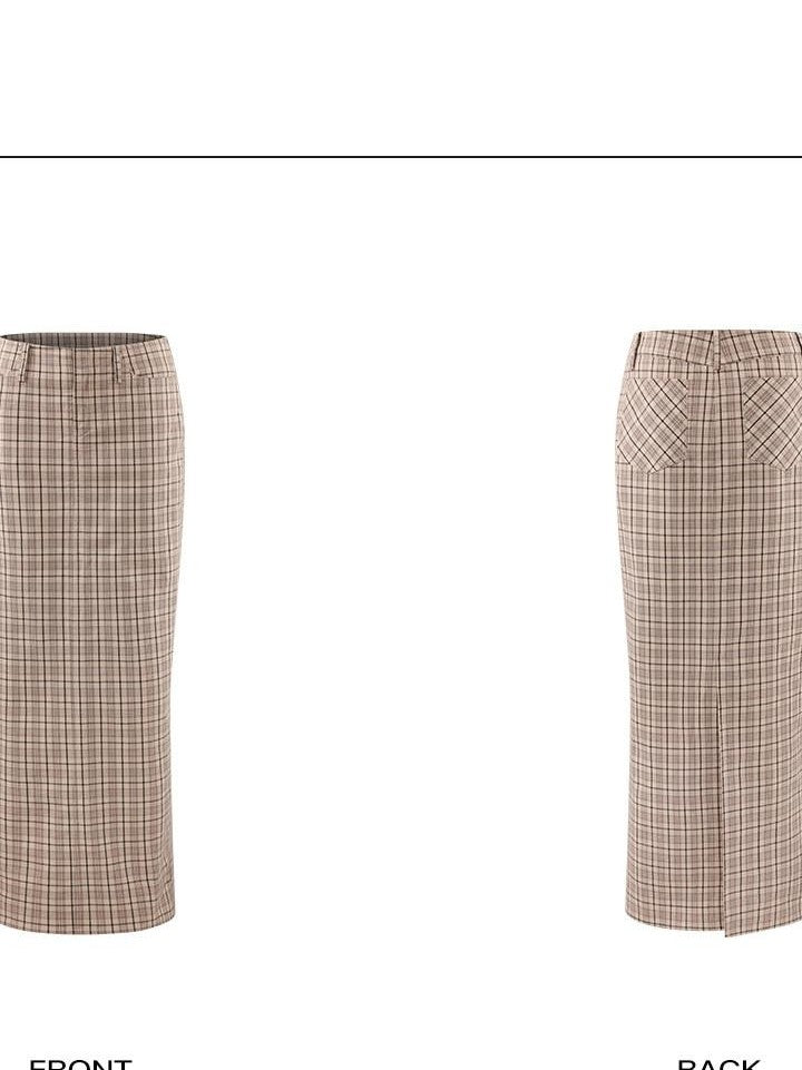 rovente Apricot Plaid Straight Mid Waist Back Slit Zipper Cotton Women's Maxi Skirts