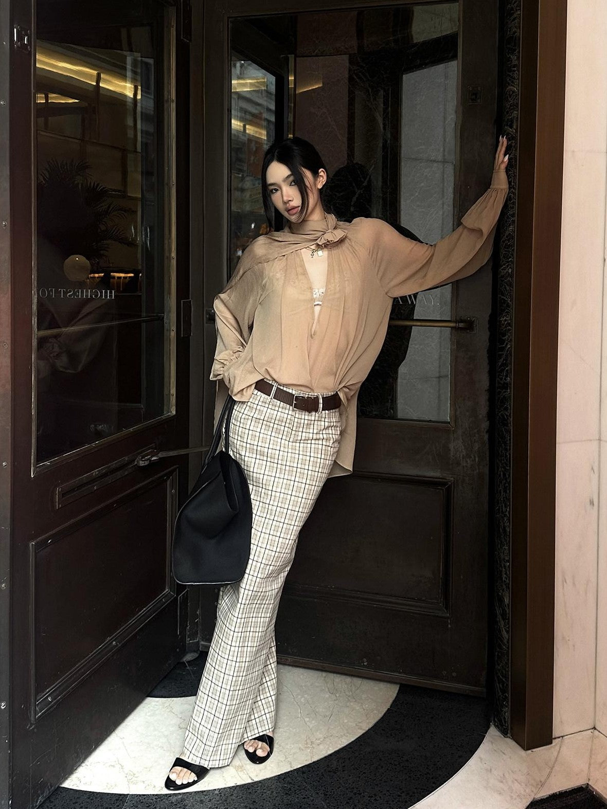 rovente Apricot Plaid Straight Mid Waist Back Slit Zipper Cotton Women's Maxi Skirts