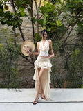 rovente Apricot Ruffled Low Waist Fitted Women's Polyester Tiered Skirts